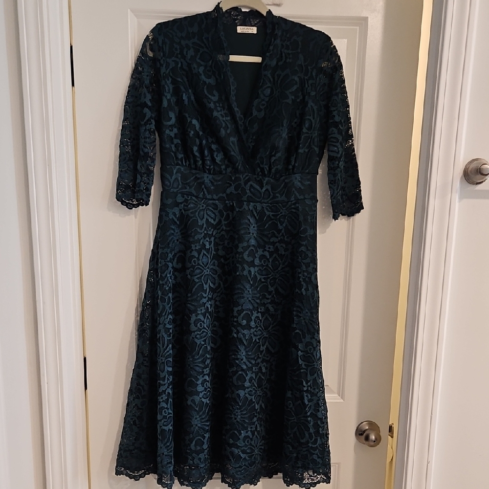 Kiyonna Lace Long Sleeve Dress in Dark Teal